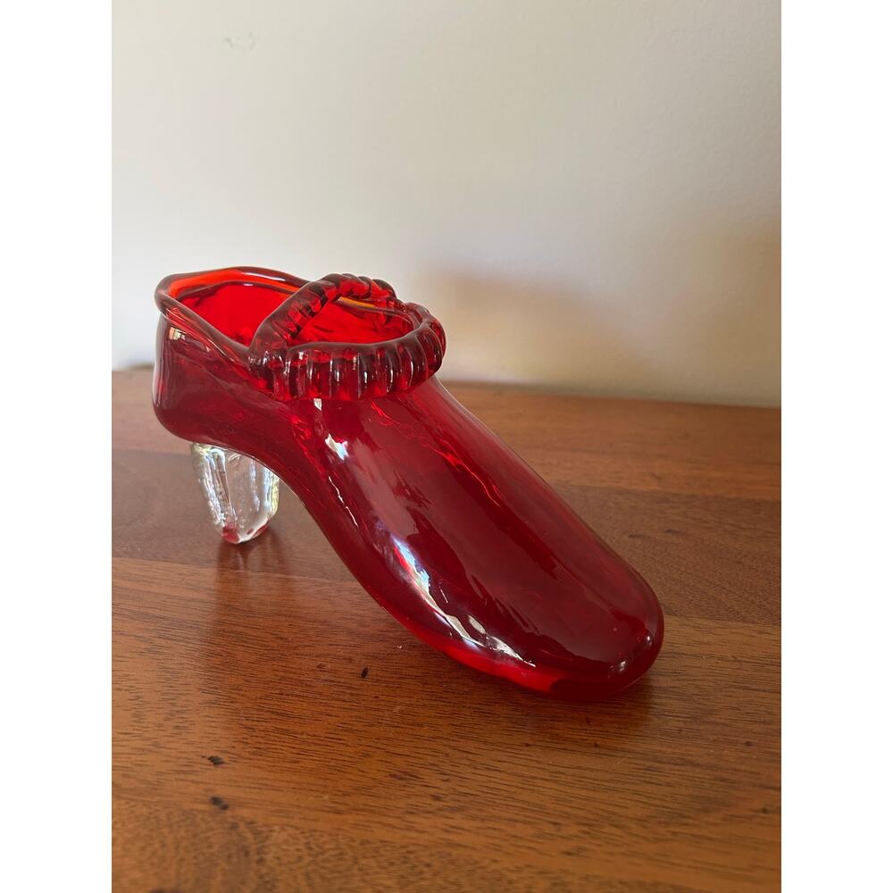 Ruby Red Glass Slipper, Clear Heel, Pontil Marks, Hand Blown Art Glass